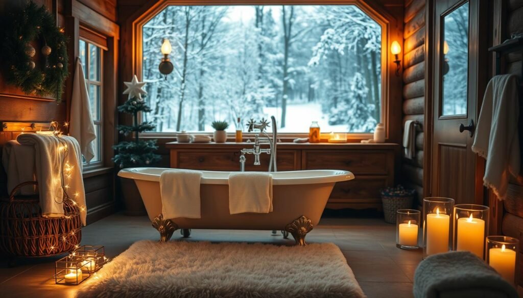 A cozy, well-lit bathroom with a warm, festive ambiance. In the foreground, a clawfoot bathtub is adorned with twinkling string lights, casting a soft, inviting glow. Plush, snowy-white towels and a fluffy, oversized bath mat complete the scene. The middle ground features a rustic wooden vanity with a large mirror, illuminated by a row of vintage-style sconces. The background showcases a snow-covered forest landscape, visible through a large window, creating a serene, winter wonderland atmosphere. The lighting is a harmonious blend of natural daylight and carefully placed, atmospheric lamps, evoking a sense of comfort and holiday cheer.