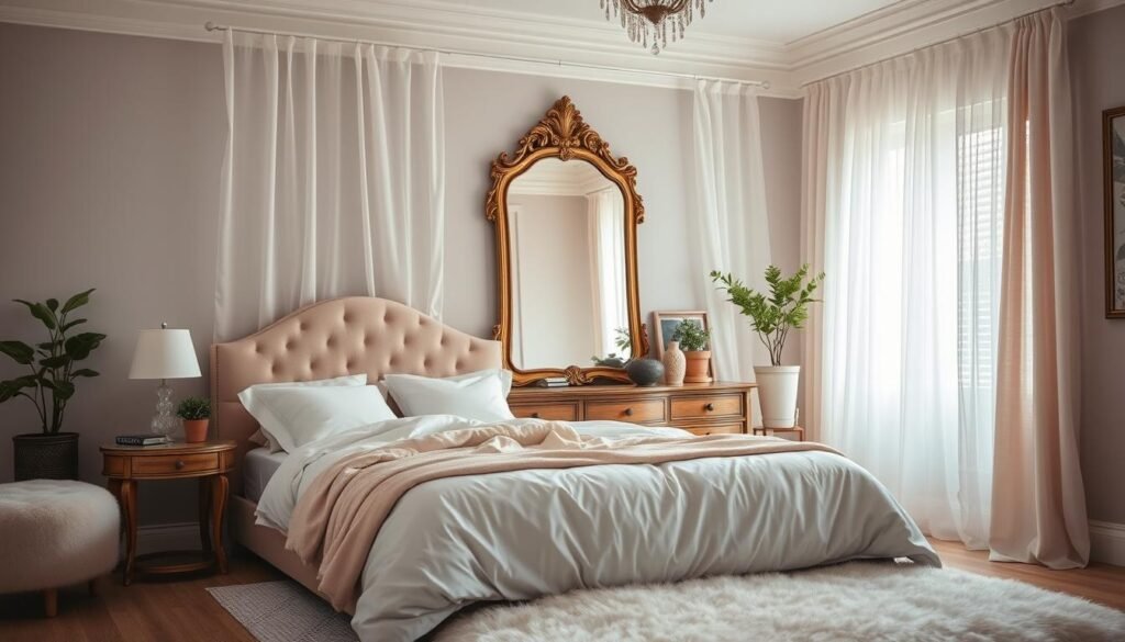 A cozy, well-lit feminine bedroom with soft, pastel-colored linens, a plush velvet headboard in a blush tone, and an ornate, gold-framed mirror above a wooden dresser. Delicate, sheer curtains frame the window, letting in natural light. Lush, potted plants adorn the bedside tables, and a fluffy, white area rug completes the serene, sophisticated ambiance. The overall aesthetic is calming and inviting, with a focus on texture, layers, and a harmonious color palette. A cozy, well-lit feminine bedroom with soft, pastel-colored linens, a plush velvet headboard in a blush tone, and an ornate, gold-framed mirror above a wooden dresser. Delicate, sheer curtains frame the window, letting in natural light. Lush, potted plants adorn the bedside tables, and a fluffy, white area rug completes the serene, sophisticated ambiance. The overall aesthetic is calming and inviting, with a focus on texture, layers, and a harmonious color palette.