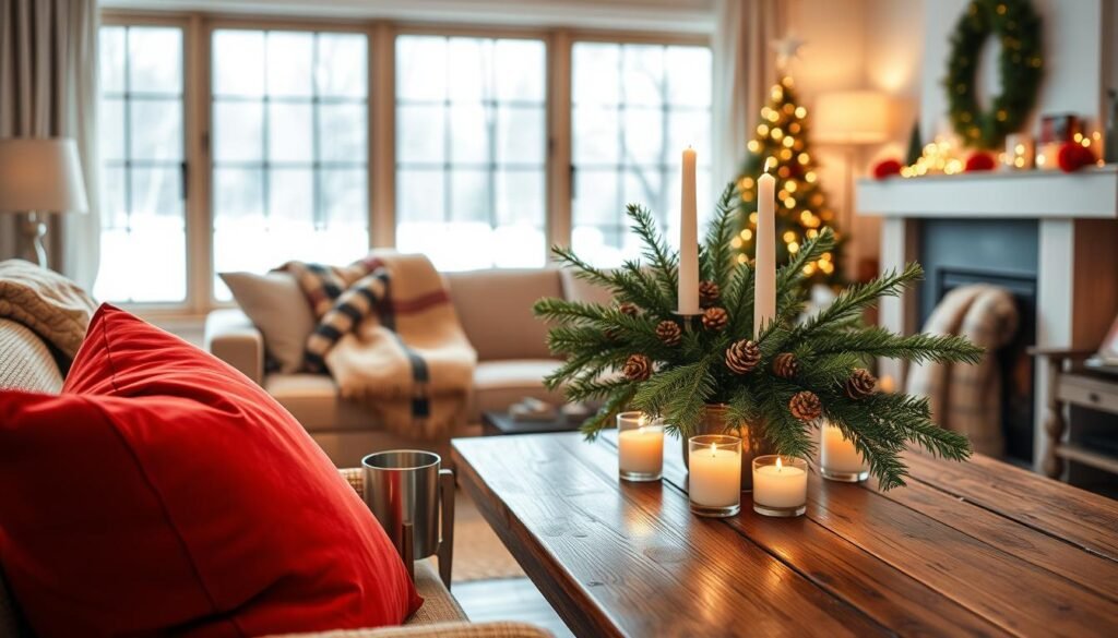 A cozy, well-lit living room with warm, inviting lighting. In the foreground, a collection of classic holiday decorations - a plush, red velvet pillow, a silver votive candle holder, and a woven blanket draped over a wooden bench. In the middle ground, a rustic wooden table showcases a simple, yet elegant centerpiece of pine branches, pinecones, and white candles. The background features a large, floor-to-ceiling window overlooking a snow-covered landscape, creating a serene, winter wonderland atmosphere. The overall scene exudes a sense of timeless, effortless holiday charm.