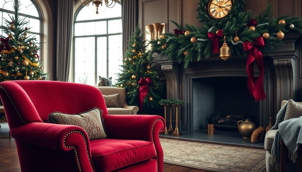 A cozy winter scene featuring the quintessential Ralph Lauren Christmas color palette. In the foreground, a plush, velvety red armchair with brass hardware sits in a tastefully decorated living room. The middle ground showcases a large, ornate fireplace mantle adorned with lush garlands of evergreen, accented by warm gold tones and rich burgundy ribbons. In the background, tall windows let in soft, diffused natural light, casting a gentle glow across the room. Wooden floors, textured throws, and antique brass accents complete the classic, elegant Ralph Lauren aesthetic. The overall mood is one of refined sophistication and holiday cheer. A cozy winter scene featuring the quintessential Ralph Lauren Christmas color palette. In the foreground, a plush, velvety red armchair with brass hardware sits in a tastefully decorated living room. The middle ground showcases a large, ornate fireplace mantle adorned with lush garlands of evergreen, accented by warm gold tones and rich burgundy ribbons. In the background, tall windows let in soft, diffused natural light, casting a gentle glow across the room. Wooden floors, textured throws, and antique brass accents complete the classic, elegant Ralph Lauren aesthetic. The overall mood is one of refined sophistication and holiday cheer.