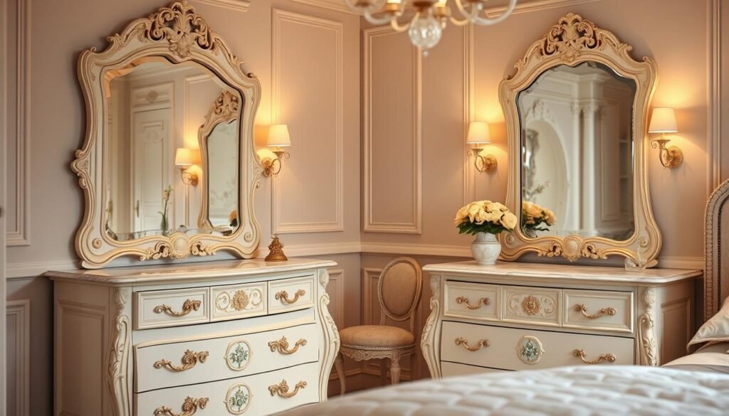 A elegantly styled bedroom with feminine dressers and vanities taking center stage. The dressers feature intricately carved details, ornate hardware, and a soft, neutral color palette. Delicate floral patterns and pastel hues adorn the vanity mirrors, complementing the luxurious marble tops. Warm, indirect lighting casts a gentle glow, creating a serene and inviting atmosphere. The overall composition emphasizes the graceful lines and refined aesthetics of these essential bedroom furnishings, capturing the essence of sophistication and timeless style. A elegantly styled bedroom with feminine dressers and vanities taking center stage. The dressers feature intricately carved details, ornate hardware, and a soft, neutral color palette. Delicate floral patterns and pastel hues adorn the vanity mirrors, complementing the luxurious marble tops. Warm, indirect lighting casts a gentle glow, creating a serene and inviting atmosphere. The overall composition emphasizes the graceful lines and refined aesthetics of these essential bedroom furnishings, capturing the essence of sophistication and timeless style.