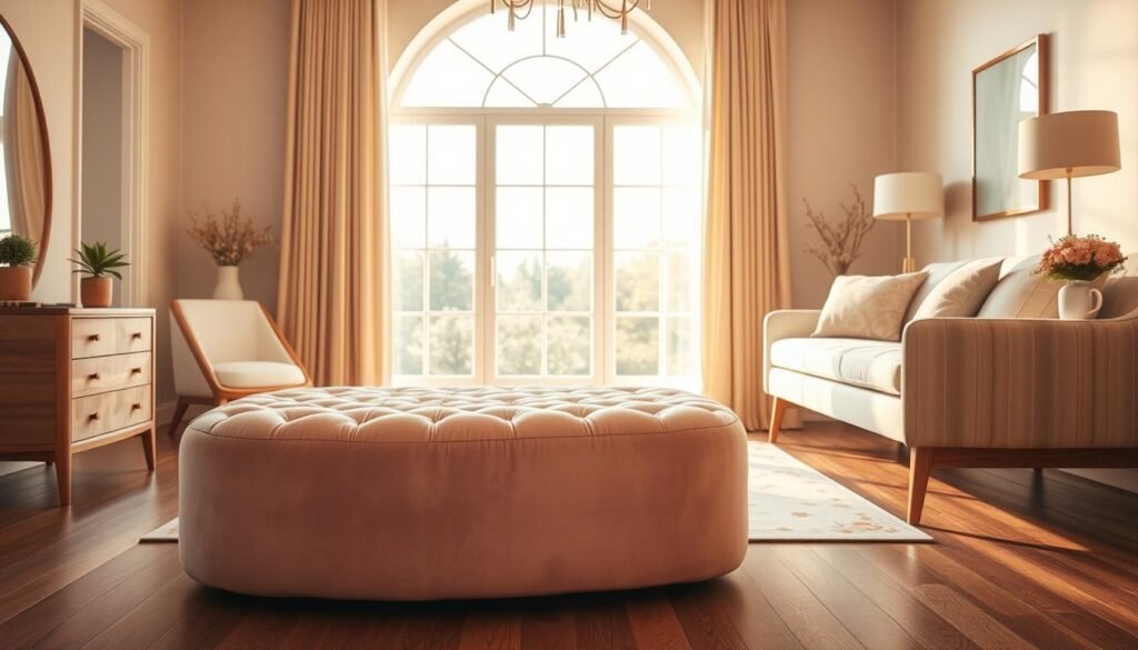 A feminine bedroom setting, bathed in warm, golden lighting. In the foreground, a plush, tufted ottoman in a soft, blush-toned velvet, inviting visitors to take a seat and relax. Beside it, a sleek, mid-century modern bench in a pale, natural wood, providing ample seating and storage space. The middle ground features a delicate, floral-patterned area rug, softening the hardwood floors. In the background, a large, arched window frames the scene, allowing natural light to filter in and create a serene, airy atmosphere. The overall mood is one of sophistication, comfort, and a touch of femininity. A feminine bedroom setting, bathed in warm, golden lighting. In the foreground, a plush, tufted ottoman in a soft, blush-toned velvet, inviting visitors to take a seat and relax. Beside it, a sleek, mid-century modern bench in a pale, natural wood, providing ample seating and storage space. The middle ground features a delicate, floral-patterned area rug, softening the hardwood floors. In the background, a large, arched window frames the scene, allowing natural light to filter in and create a serene, airy atmosphere. The overall mood is one of sophistication, comfort, and a touch of femininity.