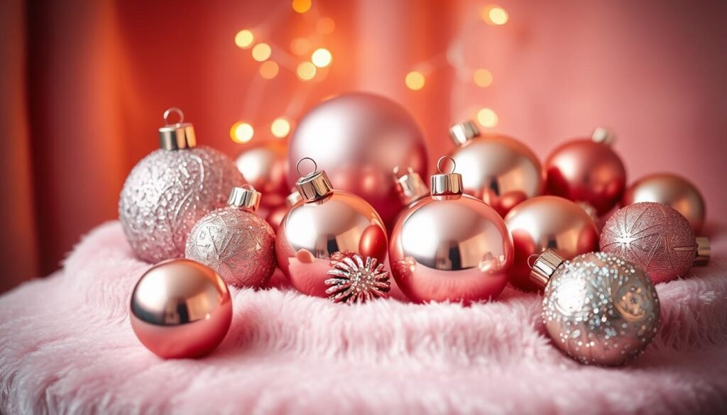 A glamorous still-life arrangement featuring a captivating mix of rose gold and pink ornaments, meticulously styled for an elevated holiday sparkle. The ornaments are artfully arranged on a soft, velvety surface, their metallic sheen reflecting the warm, diffused lighting that bathes the scene. The composition is balanced and visually striking, with a sense of depth and dimension that draws the viewer in. The overall mood is one of sophistication and festive elegance, perfectly suited to illustrate a section on "Rose Gold and Pink Ornament Mix for Elevated Sparkle" within the article on "14 Pink Christmas Decor Ideas for a Soft and Sweet Holiday."