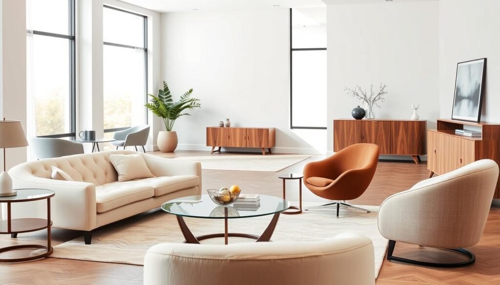 A high-quality, photorealistic image of the "Best curved furniture picks by room" showcasing a variety of curved sofas, armchairs, and tables in a modern, well-lit living room setting. The foreground features a plush, ivory curved sofa with tufted upholstery, complemented by a curved glass coffee table and a curved wood-and-metal side table. In the middle ground, a curved, egg-shaped armchair in a deep, earthy tone sits adjacent to a curved wood credenza. The background depicts a spacious, airy room with large windows, allowing natural light to flood the space and create a warm, inviting atmosphere. The overall composition highlights the elegance and versatility of curved furniture pieces, presenting them as stylish and functional choices for contemporary interior design.