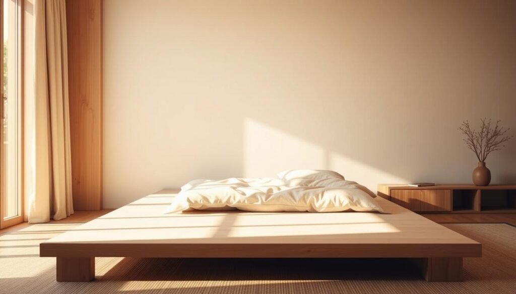 A low-profile, minimalist platform bed with a clean, streamlined design in a serene, Japandi-inspired bedroom. Soft, indirect lighting creates a warm, inviting atmosphere, while natural wood tones and muted fabrics evoke a sense of tranquility. The bed frame is slightly raised, with clean lines and a simple silhouette that blends seamlessly with the surrounding decor. The room is filled with natural light, casting gentle shadows and highlighting the bed's elegant simplicity. The overall scene radiates a calming, restorative ambiance, perfect for a restful retreat. A low-profile, minimalist platform bed with a clean, streamlined design in a serene, Japandi-inspired bedroom. Soft, indirect lighting creates a warm, inviting atmosphere, while natural wood tones and muted fabrics evoke a sense of tranquility. The bed frame is slightly raised, with clean lines and a simple silhouette that blends seamlessly with the surrounding decor. The room is filled with natural light, casting gentle shadows and highlighting the bed's elegant simplicity. The overall scene radiates a calming, restorative ambiance, perfect for a restful retreat.