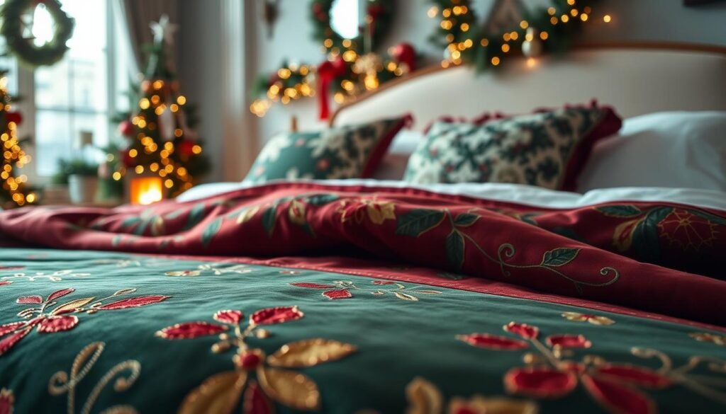 A luxurious Christmas bedspread prominently displayed on a beautifully made bed, featuring intricate embroidered details in rich shades of deep green and festive red. The foreground shows the soft texture of the fabric, with golden thread accents highlighting seasonal motifs such as holly and snowflakes. In the middle, plush pillows adorned with elegant patterns complement the bedspread, inviting warmth and coziness. The background reveals a softly lit room decorated for the holidays, with a glowing fireplace and twinkling fairy lights, creating a warm, inviting atmosphere. Natural light filters in through a window, enhancing the richness of colors and textures. Capture the essence of a perfect festive retreat with photorealistic quality, emphasizing comfort and luxury.