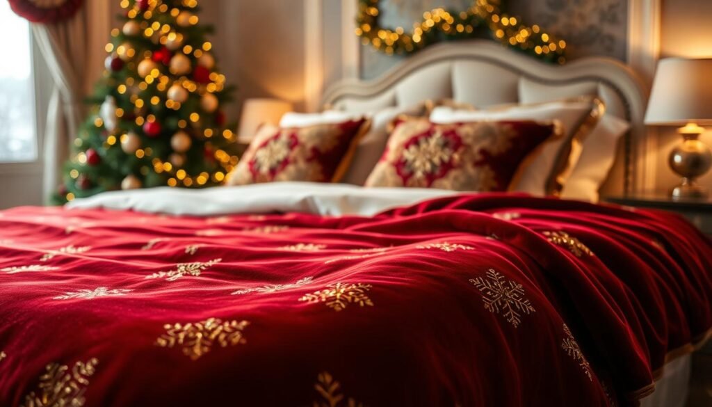 A luxurious velvet Christmas bedspread draped elegantly over a beautifully made bed, adorned with intricate gold accents that glisten softly in the ambient light. The foreground features the textured velvet fabric, rich in deep reds and greens, highlighting the plush feel. In the middle ground, the bed pillows are accented with gold trimming, arranged artistically to enhance the festive appeal. In the background, a cozy bedroom setting is illuminated with warm, soft lighting, showcasing a tastefully decorated Christmas tree with twinkling lights and garlands. The overall atmosphere is inviting and warm, evoking a sense of holiday cheer. Capture the scene with a warm color palette, emphasizing depth of field to focus on the bedspread while subtly blurring the background.
