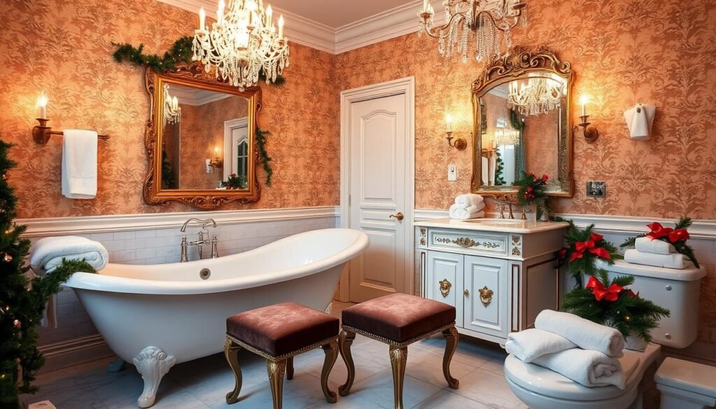 A luxurious, well-appointed Christmas bathroom, featuring a deep, clawfoot tub adorned with festive garlands and twinkling lights. Plush, velvet-upholstered vanity stools sit before a vanity topped with a mirror framed in gilded filigree. The walls are covered in opulent, damask-patterned wallpaper, complemented by a crystal chandelier casting a warm, ambient glow. Fluffy white towels and a holly-bedecked toilet complete the elegant, holiday-inspired scene.