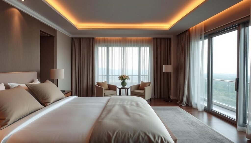 A luxurious yet calming bedroom in muted tones, with a focus on tailored, high-quality textiles. In the foreground, a large king-size bed is adorned with crisp, white cotton sheets and a plush, neutral-colored duvet. Accent pillows in a range of soft, earthy hues add visual interest. In the middle ground, a pair of tailored armchairs sit adjacent to a minimalist side table, creating an intimate seating area. The background features a floor-to-ceiling window, allowing natural light to flood the space and highlighting the elegant, sheer curtains that frame the view. Warm, indirect lighting casts a cozy glow, complementing the overall serene and sophisticated atmosphere. A luxurious yet calming bedroom in muted tones, with a focus on tailored, high-quality textiles. In the foreground, a large king-size bed is adorned with crisp, white cotton sheets and a plush, neutral-colored duvet. Accent pillows in a range of soft, earthy hues add visual interest. In the middle ground, a pair of tailored armchairs sit adjacent to a minimalist side table, creating an intimate seating area. The background features a floor-to-ceiling window, allowing natural light to flood the space and highlighting the elegant, sheer curtains that frame the view. Warm, indirect lighting casts a cozy glow, complementing the overall serene and sophisticated atmosphere.