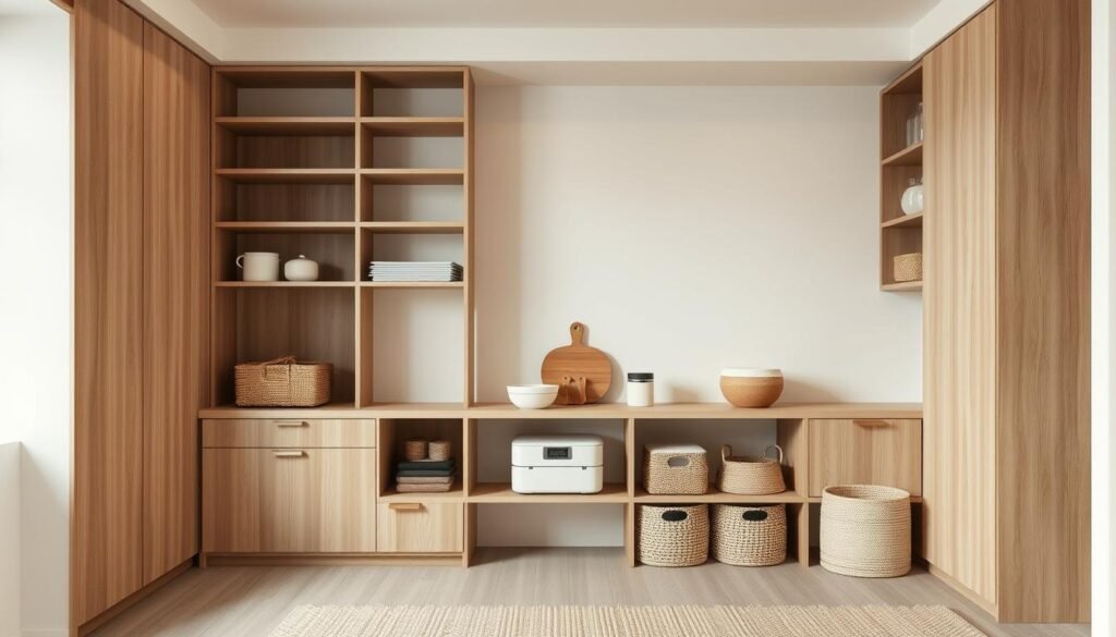 A minimalist and harmonious Japandi-inspired interior with a focus on functional storage solutions. In the foreground, clean-lined wooden cabinets and shelves built into the wall, complemented by natural textures and muted tones. In the middle ground, a mix of open and closed storage, including woven baskets and sleek containers, arranged in a visually pleasing manner. The background features a neutral color palette, with soft lighting creating a serene and calming atmosphere. The overall composition emphasizes simplicity, functionality, and a balance between Scandinavian and Japanese design aesthetics. A minimalist and harmonious Japandi-inspired interior with a focus on functional storage solutions. In the foreground, clean-lined wooden cabinets and shelves built into the wall, complemented by natural textures and muted tones. In the middle ground, a mix of open and closed storage, including woven baskets and sleek containers, arranged in a visually pleasing manner. The background features a neutral color palette, with soft lighting creating a serene and calming atmosphere. The overall composition emphasizes simplicity, functionality, and a balance between Scandinavian and Japanese design aesthetics.