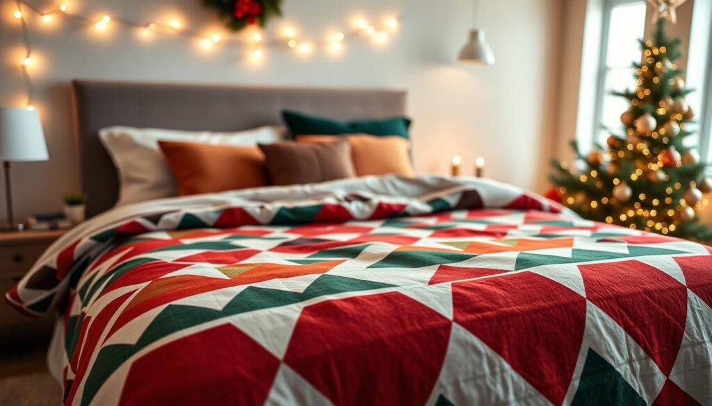 A modern geometric Christmas bedspread featuring a stylish, abstract print in rich red, green, and white tones, elegantly draped over a cozy, well-made bed. In the foreground, focus on the intricate geometric patterns formed by triangles and hexagons, enhancing the festive atmosphere. The bed is adorned with plush pillows in complementary colors, with soft textures that invite comfort. In the middle ground, a warm, inviting room is softly lit by fairy lights strung along the walls, casting a gentle glow and creating a cheerful ambiance. In the background, a beautifully decorated Christmas tree with shimmering ornaments adds to the holiday spirit. Use a slightly elevated angle to capture the entire scene, emphasizing the bedspread’s modern design and inviting mood, delivering a sense of cozy elegance perfect for winter nights.