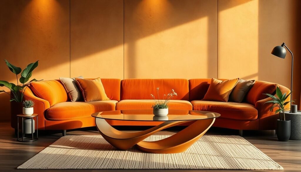A modern living room featuring a curved sofa in rich, earthy tones placed against a backdrop of warm, textured walls. Soft, indirect lighting casts a cozy glow, highlighting the gentle curves and plush upholstery of the furniture. In the foreground, a sculptural coffee table with a curved glass top complements the sofa's form, while a minimalist area rug grounds the composition. Potted plants and subtle decor accents add natural elements, creating a harmonious, inviting atmosphere that showcases the timeless appeal of curved furniture trends for 2026.