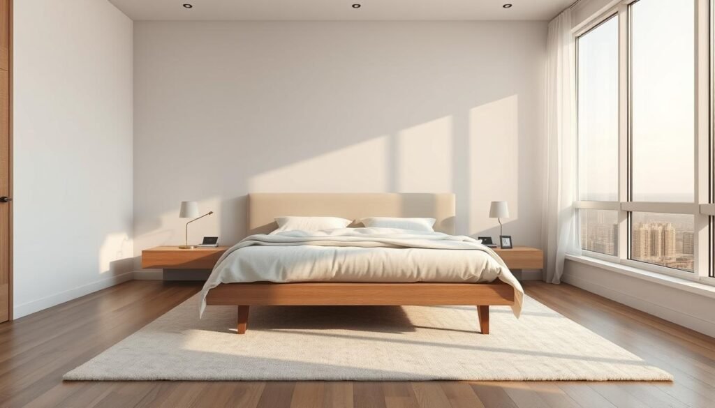 A modern, minimalist bedroom with clean lines and neutral tones. A sleek, low-profile bed frame takes center stage, flanked by floating nightstands with minimalist lamps. Expansive windows flood the space with natural light, casting a warm, inviting glow. Textured, ivory-hued bedding and a cozy area rug add softness. A muted palette of grays, whites, and natural wood tones creates a calming, serene ambiance. High-quality, photorealistic rendering with attention to detail in the textures, lighting, and proportions. A modern, minimalist bedroom with clean lines and neutral tones. A sleek, low-profile bed frame takes center stage, flanked by floating nightstands with minimalist lamps. Expansive windows flood the space with natural light, casting a warm, inviting glow. Textured, ivory-hued bedding and a cozy area rug add softness. A muted palette of grays, whites, and natural wood tones creates a calming, serene ambiance. High-quality, photorealistic rendering with attention to detail in the textures, lighting, and proportions.