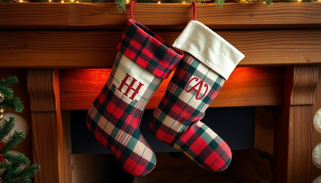 A pair of plaid stockings hang from a rustic wooden mantel, the classic red, green, and white pattern adding a touch of vintage charm. Delicate embroidered monograms grace the soft woolen fabric, each unique design meticulously stitched with care. Warm, soft lighting casts a cozy glow, highlighting the intricate details and creating a sense of timeless nostalgia. The scene is captured in a high-quality, hyperrealistic photograph, the focus sharp and the depth of field creating a sense of depth and dimension. A pair of plaid stockings hang from a rustic wooden mantel, the classic red, green, and white pattern adding a touch of vintage charm. Delicate embroidered monograms grace the soft woolen fabric, each unique design meticulously stitched with care. Warm, soft lighting casts a cozy glow, highlighting the intricate details and creating a sense of timeless nostalgia. The scene is captured in a high-quality, hyperrealistic photograph, the focus sharp and the depth of field creating a sense of depth and dimension.