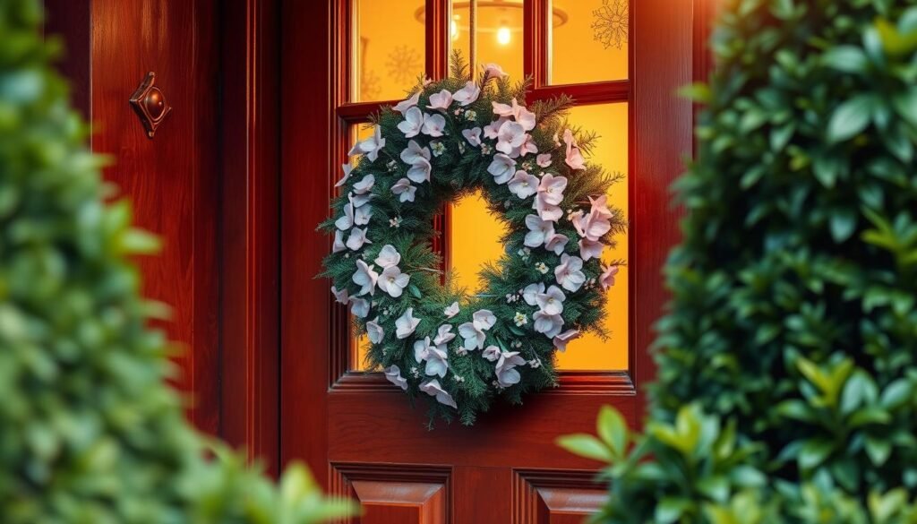 A picturesque front door adorned with a lush, pink wreath, its delicate flowers and foliage softly illuminated by warm, golden light filtering through the panes. The door's rich, wooden texture contrasts beautifully with the pastel hues, creating a welcoming, almost dreamlike atmosphere. The entryway is framed by a neatly trimmed hedge, its verdant leaves providing a natural backdrop to the scene. The image is captured at a slight angle, offering a sense of depth and perspective, drawing the viewer's gaze inward toward the inviting entrance. The overall effect is one of cozy elegance, a serene and charming first impression that sets the stage for a delightful holiday experience.