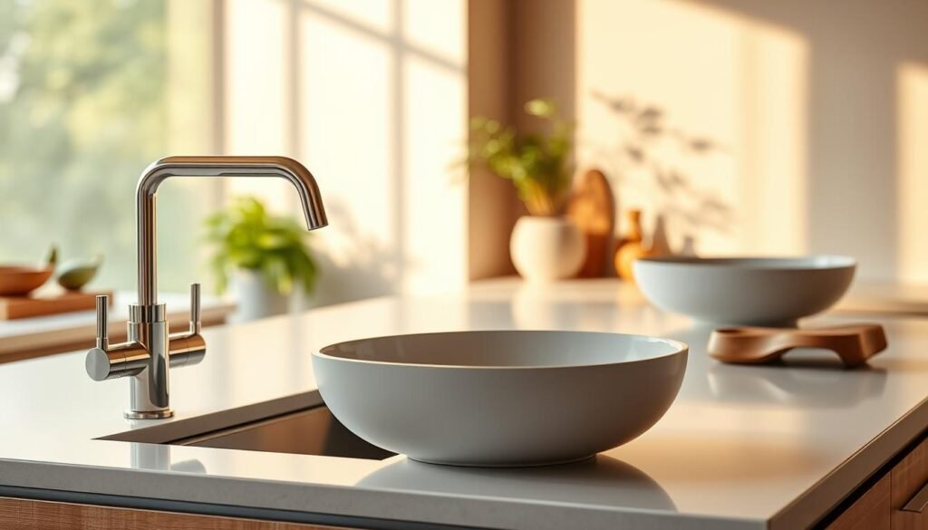 A pristine kitchen countertop showcases a set of modern, water-efficient fixtures. In the foreground, a sleek faucet with a high-arc spout glistens under warm, natural lighting. Next to it, a compact touchless hand-wash basin with a minimalist design seamlessly blends into the minimalist aesthetic. In the middle ground, a smart digital display controls water flow and temperature, promoting conscious water usage. Subtle greenery and natural materials like wood and stone create a harmonious, eco-friendly atmosphere, bringing the outdoors in. The overall scene conveys a sense of clean, sustainable living in a beautiful, nature-inspired kitchen. A pristine kitchen countertop showcases a set of modern, water-efficient fixtures. In the foreground, a sleek faucet with a high-arc spout glistens under warm, natural lighting. Next to it, a compact touchless hand-wash basin with a minimalist design seamlessly blends into the minimalist aesthetic. In the middle ground, a smart digital display controls water flow and temperature, promoting conscious water usage. Subtle greenery and natural materials like wood and stone create a harmonious, eco-friendly atmosphere, bringing the outdoors in. The overall scene conveys a sense of clean, sustainable living in a beautiful, nature-inspired kitchen.