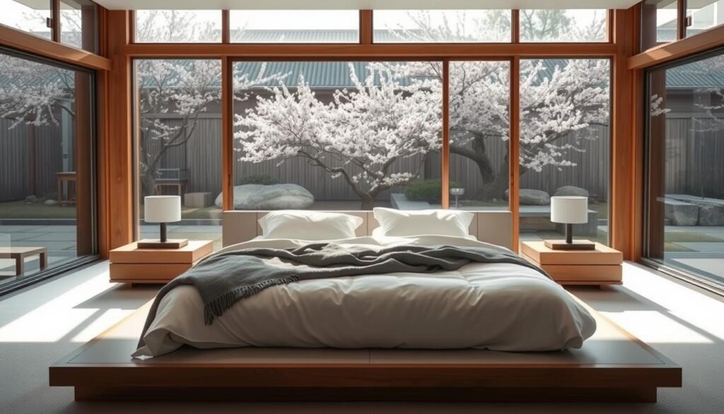 A serene Japandi-inspired bedroom sanctuary, flooded with soft natural light. A low platform bed draped in crisp white linens and plush gray throws, flanked by minimalist nightstands with warm wood accents. Expansive windows offer views of a tranquil Japanese garden, where delicate cherry blossoms sway in the breeze. Diffused lighting casts a calming glow, creating an atmosphere of effortless calm and quiet contemplation. Decluttered surfaces, clean lines, and a muted color palette evoke a sense of serenity and balance, inviting deep, restorative sleep. A serene Japandi-inspired bedroom sanctuary, flooded with soft natural light. A low platform bed draped in crisp white linens and plush gray throws, flanked by minimalist nightstands with warm wood accents. Expansive windows offer views of a tranquil Japanese garden, where delicate cherry blossoms sway in the breeze. Diffused lighting casts a calming glow, creating an atmosphere of effortless calm and quiet contemplation. Decluttered surfaces, clean lines, and a muted color palette evoke a sense of serenity and balance, inviting deep, restorative sleep.