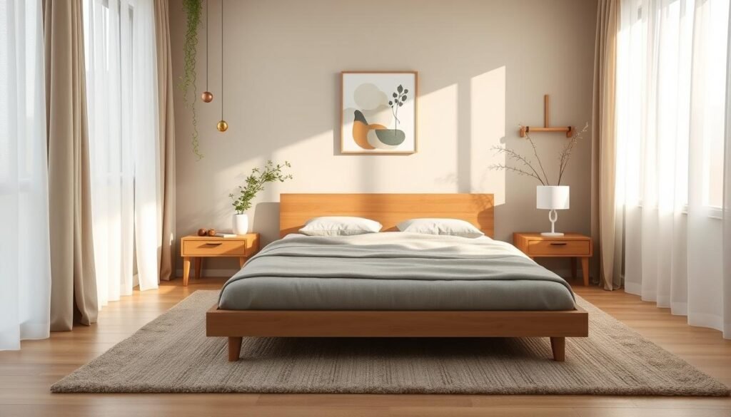A serene Japandi-style bedroom in a warm, minimalist setting. Soft natural light filters through sheer curtains, casting a gentle glow on the clean-lined oak furniture. A plush, textured area rug grounds the space, complemented by muted tones of beige, gray, and sage. A low-profile platform bed with a simple wooden headboard takes center stage, flanked by slim nightstands with minimalist table lamps. Trailing plants and a single piece of abstract wall art add subtle pops of greenery and visual interest. The overall atmosphere exudes a calming, harmonious fusion of Japanese and Scandinavian design principles. A serene Japandi-style bedroom in a warm, minimalist setting. Soft natural light filters through sheer curtains, casting a gentle glow on the clean-lined oak furniture. A plush, textured area rug grounds the space, complemented by muted tones of beige, gray, and sage. A low-profile platform bed with a simple wooden headboard takes center stage, flanked by slim nightstands with minimalist table lamps. Trailing plants and a single piece of abstract wall art add subtle pops of greenery and visual interest. The overall atmosphere exudes a calming, harmonious fusion of Japanese and Scandinavian design principles.