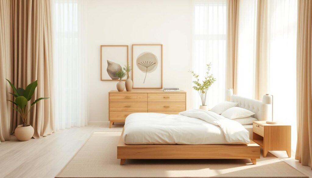A serene and harmonious Japandi-inspired bedroom, bathed in a soothing palette of neutral tones. Soft, diffused lighting filters through sheer curtains, casting a gentle glow over the space. In the foreground, a low-profile, minimalist bed frame with crisp white linens and a plush, tufted headboard. Complementary nightstands in light wood tones flank the bed, each adorned with a simple, modern lamp. The middle ground features a sleek, wooden dresser, its drawers subtly accentuated by brass hardware. On the walls, abstract art prints in muted shades of beige and gray create visual interest. The background showcases a large window, framed by wispy, natural-colored curtains, allowing natural light to flood the room. Potted plants in earthy ceramic vessels and a cozy area rug in a neutral tone complete the tranquil, harmonious Japandi aesthetic. A serene and harmonious Japandi-inspired bedroom, bathed in a soothing palette of neutral tones. Soft, diffused lighting filters through sheer curtains, casting a gentle glow over the space. In the foreground, a low-profile, minimalist bed frame with crisp white linens and a plush, tufted headboard. Complementary nightstands in light wood tones flank the bed, each adorned with a simple, modern lamp. The middle ground features a sleek, wooden dresser, its drawers subtly accentuated by brass hardware. On the walls, abstract art prints in muted shades of beige and gray create visual interest. The background showcases a large window, framed by wispy, natural-colored curtains, allowing natural light to flood the room. Potted plants in earthy ceramic vessels and a cozy area rug in a neutral tone complete the tranquil, harmonious Japandi aesthetic.