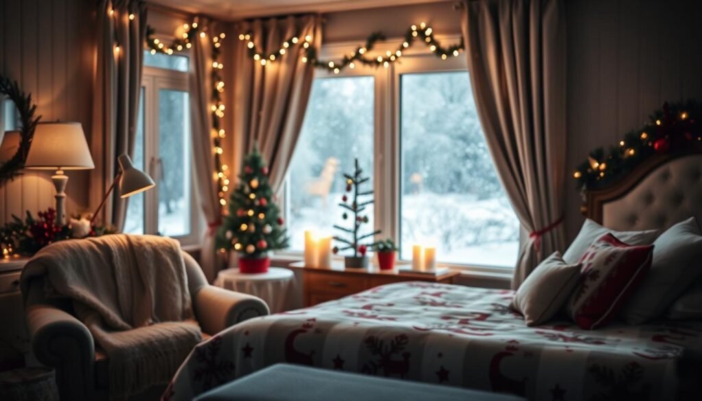 A serene, cozy Christmas-themed bedroom sanctuary, featuring a beautifully made bed with a warm, festive bedspread adorned with holiday patterns. Soft, ambient lighting bathes the room, emitted from a stylish bedside lamp and fairy lights draped around the window, creating a magical glow. In the foreground, a plush armchair is decorated with a festive throw blanket and pillows. The middle layer showcases a nightstand with a small pine tree and candles, adding to the holiday charm. In the background, frosted windows reveal gentle snow falling outside, enhancing the warm atmosphere. Capture this scene with a soft focus lens effect for an inviting, dreamy ambiance, emphasizing comfort and holiday spirit.