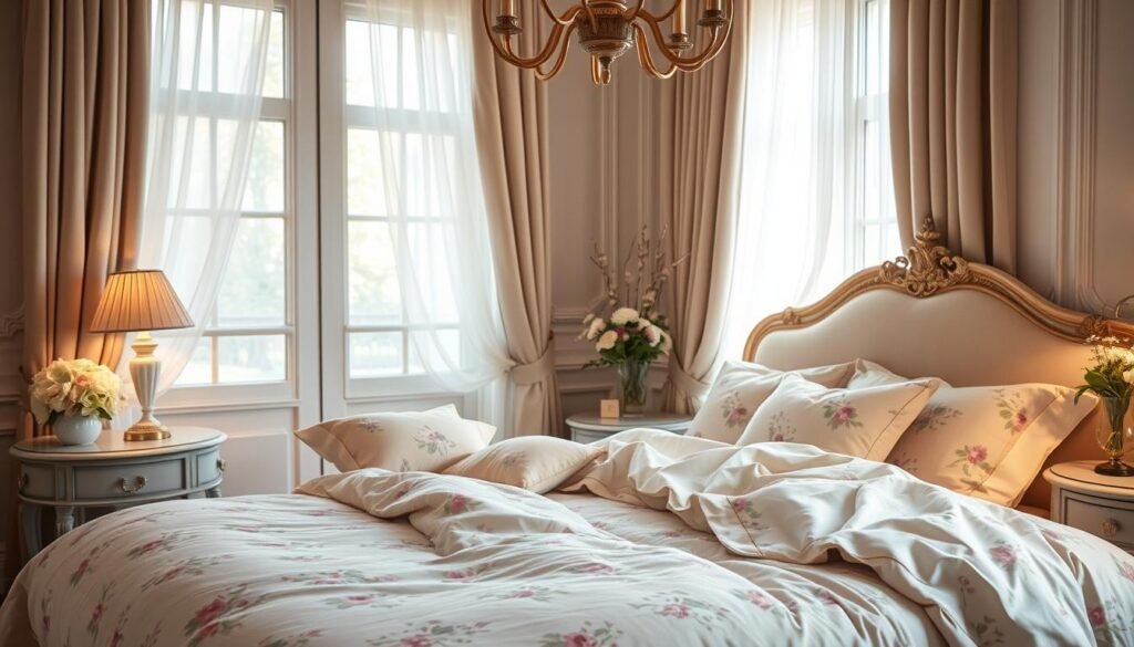 A serene, elegant bedroom featuring a soothing color palette of soft pastels and muted neutrals. Delicate floral patterns adorn the bedding, creating a sense of whispered sophistication. Warm, diffused lighting casts a gentle glow, highlighting the plush, inviting textures of the fabrics. The overall atmosphere is one of tranquility and refined beauty, evoking a sense of timeless, feminine charm. Captured with a high-quality camera lens, the image showcases the harmonious blend of understated hues and luxurious details that define this sophisticated space. A serene, elegant bedroom featuring a soothing color palette of soft pastels and muted neutrals. Delicate floral patterns adorn the bedding, creating a sense of whispered sophistication. Warm, diffused lighting casts a gentle glow, highlighting the plush, inviting textures of the fabrics. The overall atmosphere is one of tranquility and refined beauty, evoking a sense of timeless, feminine charm. Captured with a high-quality camera lens, the image showcases the harmonious blend of understated hues and luxurious details that define this sophisticated space.