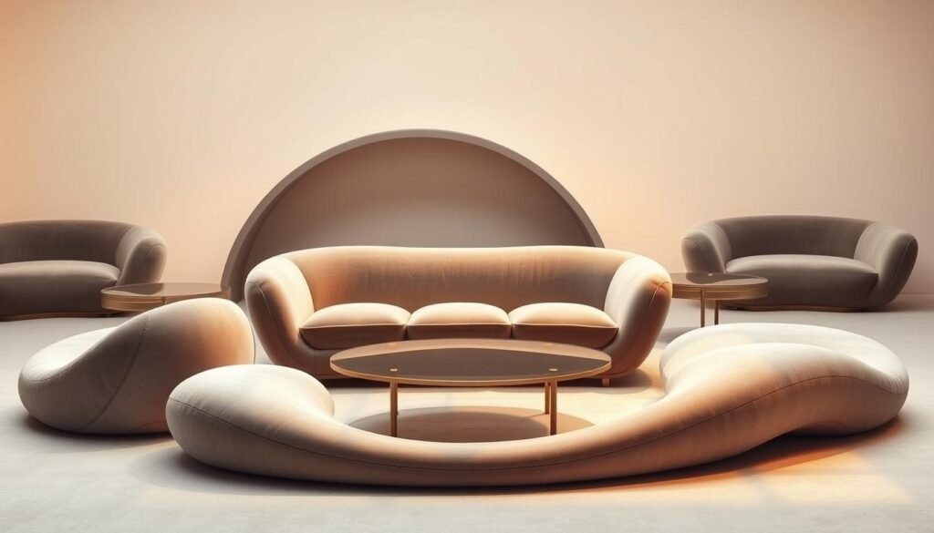 A serene, softly-lit setting showcases a collection of elegant, curved furniture pieces. Sculptural lines and graceful silhouettes define the centerpiece, a plush sofa with a fluid, organic shape. Subtle textures, such as velvet and brushed metal, create a tactile and visually interesting composition. Warm, diffused lighting casts gentle shadows, accentuating the curvatures and lending an air of tranquility. The overall atmosphere is one of refined sophistication, inviting the viewer to imagine these pieces as the focal point of a modern, minimalist living space.
