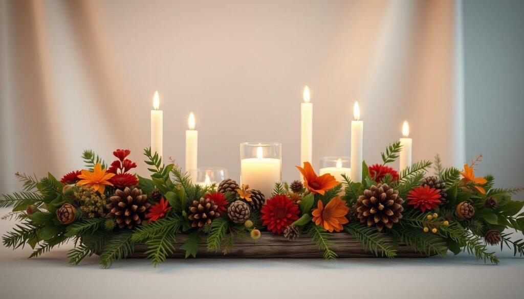 A simple yet elegant seasonal table centerpiece, bathed in warm, soft lighting. In the foreground, an arrangement of natural foliage, seasonal flowers, and textural elements like pinecones and rustic wood accents. The middle ground features a variety of candles in varying heights, casting a cozy glow. The background is a neutral, slightly blurred backdrop, allowing the centerpiece to take center stage. The overall composition feels effortless and inviting, evoking a sense of rustic, autumnal charm. High-quality, photorealistic rendering with attention to detail and natural-looking textures.