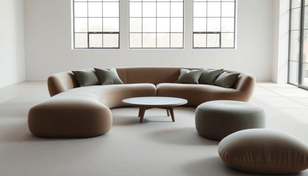 A sleek, contemporary curved furniture design in a minimalist, airy studio setting. In the foreground, a sculptural, sinuous sofa in muted tones takes center stage, its elegant lines and gentle curves inviting touch. The middle ground features a low, curved coffee table in a complementary finish, surrounded by plush, oversized cushions. The background showcases large windows flooding the space with soft, natural light, creating a serene, gallery-like atmosphere. Subtle, indirect lighting highlights the pieces, accentuating their organic forms and premium materials. The overall composition emphasizes the principles of minimalism, functionality, and the seamless integration of curved shapes into a modern, refined interior.
