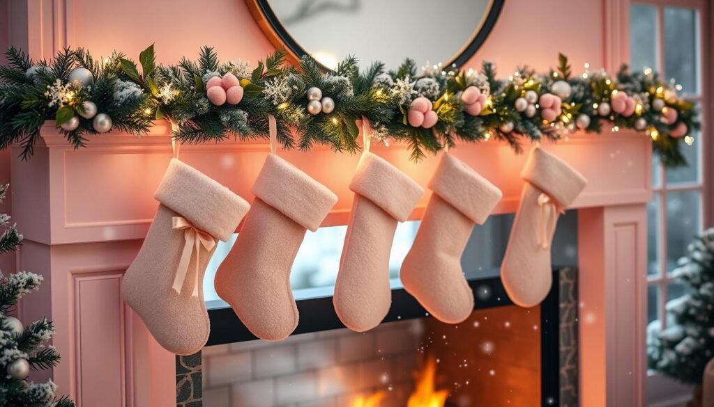A soft, cozy pink mantel adorned with an elegant garland of holly, pine, and glittering fairy lights. Hanging from the mantel are plush, blush-colored stockings, each tied with a satin bow. In the foreground, the flickering glow of a fireplace casts a warm, inviting ambiance, while in the background, delicate snowflakes drift lazily through the air, visible through the large windows. The scene is bathed in a soft, diffused lighting, captured with a wide-angle lens to showcase the full, immersive grandeur of this winter wonderland.