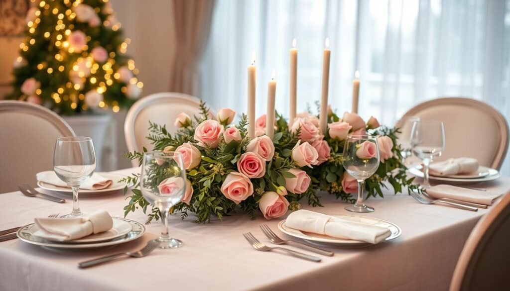 A soft, elegant holiday tablescape adorned with a pale pink linen tablecloth, delicate bone china plates, and sparkling crystal glassware. The centerpiece features a lush, fragrant garland of fresh pink roses, eucalyptus, and twinkling fairy lights, bathed in warm, gentle lighting from tapered candles. Ornate silverware and soft, pastel-hued napkins complete the thoughtfully curated scene, evoking a sense of refined, festive charm. The tabletop is set against a backdrop of softly diffused natural light filtering through sheer curtains, creating a serene, inviting atmosphere perfect for an intimate holiday meal.