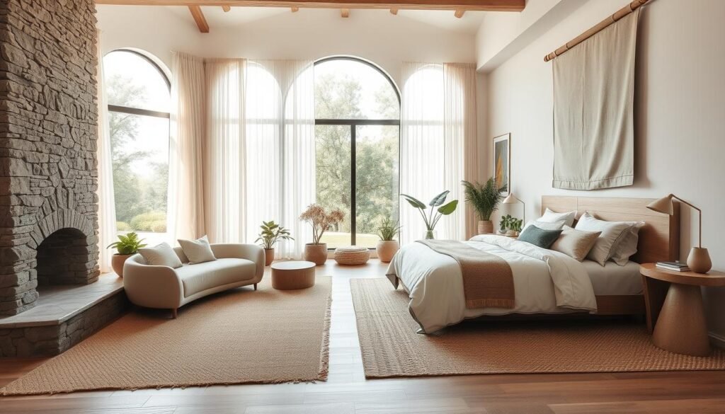 A spacious, light-filled bedroom with organic modern furnishings. A curved, low-slung sofa in natural linen hugs a stone fireplace, its rough texture complemented by smooth wood accents. Tall, arched windows frame a garden view, casting warm, diffused lighting over textural woven rugs and a plush king-sized bed. Wispy curtains billow gently, creating a sense of tranquility. Potted plants and a sculptural side table add natural, earthy touches, while a large, abstract wall hanging in neutral tones ties the design together seamlessly. A spacious, light-filled bedroom with organic modern furnishings. A curved, low-slung sofa in natural linen hugs a stone fireplace, its rough texture complemented by smooth wood accents. Tall, arched windows frame a garden view, casting warm, diffused lighting over textural woven rugs and a plush king-sized bed. Wispy curtains billow gently, creating a sense of tranquility. Potted plants and a sculptural side table add natural, earthy touches, while a large, abstract wall hanging in neutral tones ties the design together seamlessly.