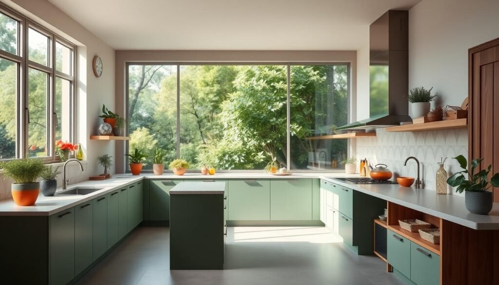 A spacious, modern kitchen with a focus on sustainable and nature-inspired design. The room is filled with natural light, showcasing a large window that overlooks a lush, verdant backyard. The countertops are made from recycled materials, complemented by sleek, minimalist cabinetry in a calming shade of green. Potted plants and herbs add pops of vibrant color, while a central island provides ample workspace for meal preparation. Warm, wooden accents and a tile backsplash with a subtle leaf pattern create a cohesive, eco-friendly aesthetic. The overall atmosphere is one of tranquility and harmony, inviting the viewer to envision a kitchen renovation that seamlessly blends the indoors with the outdoors. A spacious, modern kitchen with a focus on sustainable and nature-inspired design. The room is filled with natural light, showcasing a large window that overlooks a lush, verdant backyard. The countertops are made from recycled materials, complemented by sleek, minimalist cabinetry in a calming shade of green. Potted plants and herbs add pops of vibrant color, while a central island provides ample workspace for meal preparation. Warm, wooden accents and a tile backsplash with a subtle leaf pattern create a cohesive, eco-friendly aesthetic. The overall atmosphere is one of tranquility and harmony, inviting the viewer to envision a kitchen renovation that seamlessly blends the indoors with the outdoors.
