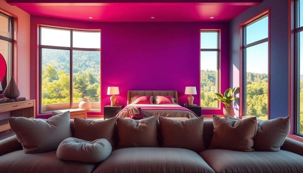 A spacious, sunlit bedroom with vibrant, color-saturated walls that command attention. The focal point, a statement-making accent wall in a bold, jewel-toned hue, creates a cocooning, retreat-like ambiance. Plush, textured furnishings in harmonious shades fill the foreground, while the background showcases large windows framing a lush, verdant landscape. Warm, diffused lighting casts a soft, inviting glow, heightening the sense of relaxation and escape. The overall composition exudes a high-end, magazine-worthy aesthetic, with a photorealistic quality that brings the scene to life. A spacious, sunlit bedroom with vibrant, color-saturated walls that command attention. The focal point, a statement-making accent wall in a bold, jewel-toned hue, creates a cocooning, retreat-like ambiance. Plush, textured furnishings in harmonious shades fill the foreground, while the background showcases large windows framing a lush, verdant landscape. Warm, diffused lighting casts a soft, inviting glow, heightening the sense of relaxation and escape. The overall composition exudes a high-end, magazine-worthy aesthetic, with a photorealistic quality that brings the scene to life.