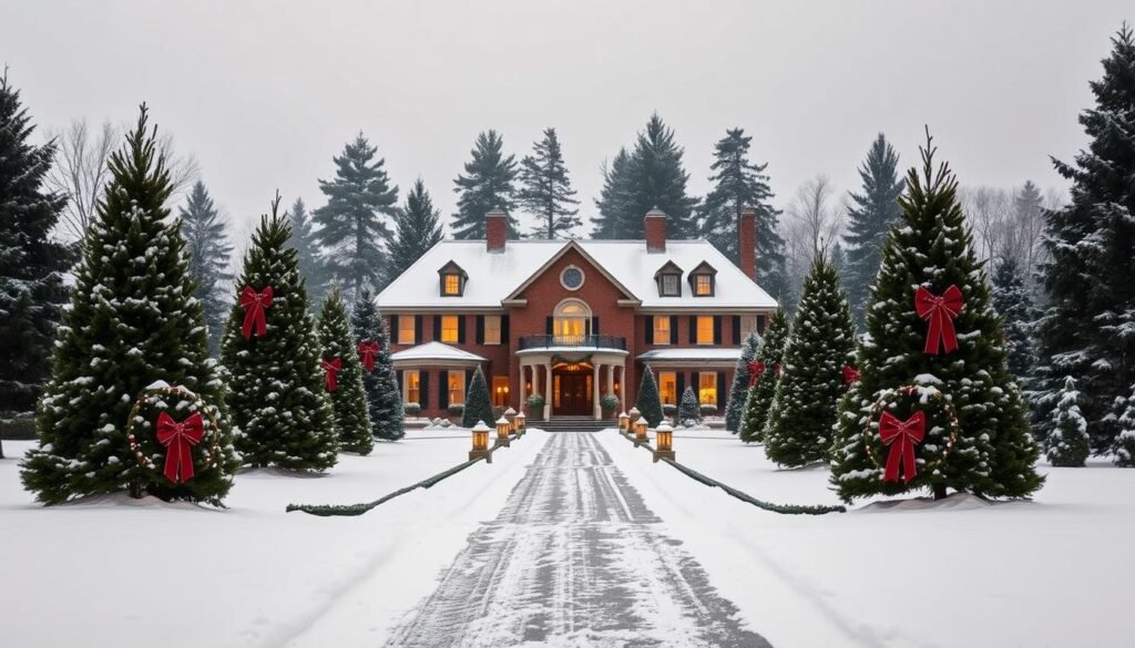 A stately manor nestled in a snow-blanketed winter landscape, adorned with the timeless elegance of Ralph Lauren's Christmas decor. In the foreground, a grand entryway is framed by towering evergreen wreaths, their crimson bows and glittering accents catching the warm glow of lanterns. Beyond, a meticulously landscaped path leads the eye towards the home's facade, its windows aglow with the soft, amber light of holiday cheer. In the distance, evergreen trees stand tall, their branches heavy with fresh snowfall, creating a serene and picturesque backdrop. The overall scene evokes a sense of cozy luxury, a harmonious blend of rustic and refined that embodies the quintessential Ralph Lauren Christmas aesthetic. A stately manor nestled in a snow-blanketed winter landscape, adorned with the timeless elegance of Ralph Lauren's Christmas decor. In the foreground, a grand entryway is framed by towering evergreen wreaths, their crimson bows and glittering accents catching the warm glow of lanterns. Beyond, a meticulously landscaped path leads the eye towards the home's facade, its windows aglow with the soft, amber light of holiday cheer. In the distance, evergreen trees stand tall, their branches heavy with fresh snowfall, creating a serene and picturesque backdrop. The overall scene evokes a sense of cozy luxury, a harmonious blend of rustic and refined that embodies the quintessential Ralph Lauren Christmas aesthetic.