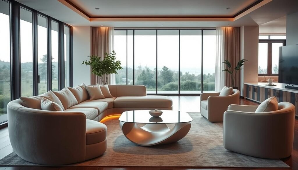 A stunning living room featuring modern, curved furniture that exudes a sense of warmth and welcoming. In the foreground, a plush, L-shaped sofa with clean lines and a soft, neutral upholstery invites visitors to sink in and relax. Complementing the sofa, a matching curved armchair and ottomans create a cohesive, harmonious arrangement. The mid-ground showcases a sleek, low-profile coffee table with a sculptural, curved base, topped with a minimalist glass surface. Soft, indirect lighting from concealed sources casts a gentle, ambient glow, creating a cozy and inviting atmosphere. In the background, floor-to-ceiling windows flood the space with natural light, framing a serene, nature-inspired view beyond. The overall aesthetic blends modern sophistication with an organic, welcoming feel, perfectly suited for a living room that encourages comfort and relaxation.