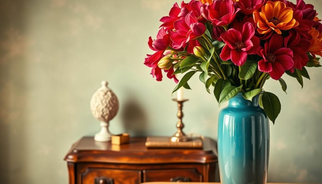 A stunning still life arrangement showcasing a harmonious blend of modern and vintage elements. In the foreground, a mid-century vase overflows with a vibrant bouquet of lush, jewel-toned flowers, their petals glistening under warm, directional lighting. In the middle ground, an antique wooden side table displays a carefully curated selection of vintage decor pieces - a porcelain figurine, a tarnished silver candlestick, and a leather-bound book. The background features a soft, muted color palette of sage greens and dusty pinks, evocative of a bygone era. The entire scene exudes a sense of timeless elegance and sophisticated charm, blending the old and the new in a harmonious, visually captivating manner. A stunning still life arrangement showcasing a harmonious blend of modern and vintage elements. In the foreground, a mid-century vase overflows with a vibrant bouquet of lush, jewel-toned flowers, their petals glistening under warm, directional lighting. In the middle ground, an antique wooden side table displays a carefully curated selection of vintage decor pieces - a porcelain figurine, a tarnished silver candlestick, and a leather-bound book. The background features a soft, muted color palette of sage greens and dusty pinks, evocative of a bygone era. The entire scene exudes a sense of timeless elegance and sophisticated charm, blending the old and the new in a harmonious, visually captivating manner.