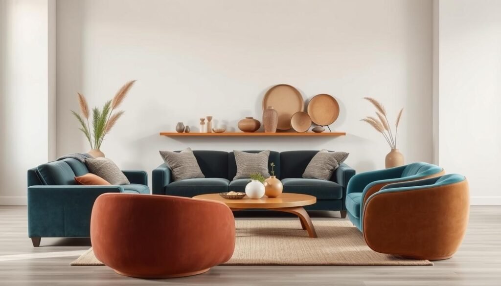 A stunning still life featuring a selection of curved furniture pieces and decor, captured in soft, natural lighting. The foreground showcases a plush velvet sofa in a rich, jewel-toned hue, complemented by a pair of sleek, curved armchairs in a muted, earthy palette. In the middle ground, a low, curved coffee table in a warm, natural wood tone is accompanied by textured throw pillows and a soft, woven rug. The background features a neutral, minimalist wall with carefully curated artwork and decorative objects that echo the curves and organic materials of the furniture. The overall composition exudes a sense of harmony, comfort, and timeless elegance.