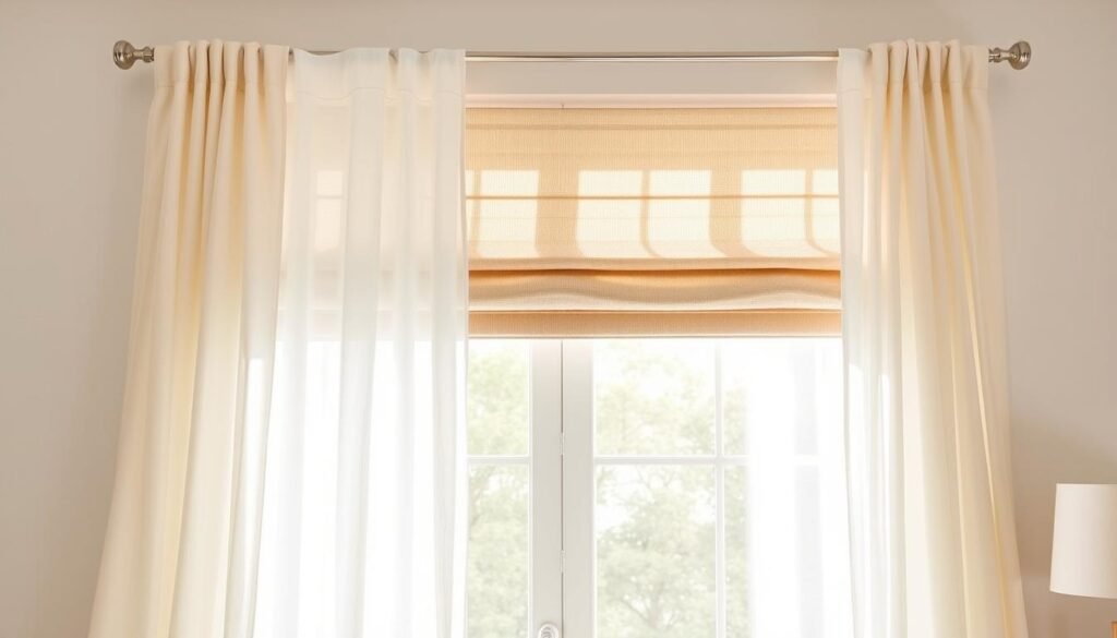 A sun-drenched bedroom with softly billowing sheer curtains, their delicate folds casting gentle shadows across the walls. In the foreground, a layered window treatment composed of lightweight linen draperies in a soft ivory hue, their fabric gently swaying with the breeze. Behind them, a sheer voile panel adds a wispy, ethereal touch, filtering the natural light and creating a sense of airy elegance. The middle ground features a pair of pleated roman shades in a complementary neutral tone, their clean lines and subtle texture adding depth and visual interest. Overhead, a sleek, minimalist curtain rod supports the ensemble, its simple design allowing the focus to remain on the sumptuous, layered window treatments. The resulting scene is a harmonious blend of textures and tones, exuding a serene, sophisticated ambiance. A sun-drenched bedroom with softly billowing sheer curtains, their delicate folds casting gentle shadows across the walls. In the foreground, a layered window treatment composed of lightweight linen draperies in a soft ivory hue, their fabric gently swaying with the breeze. Behind them, a sheer voile panel adds a wispy, ethereal touch, filtering the natural light and creating a sense of airy elegance. The middle ground features a pair of pleated roman shades in a complementary neutral tone, their clean lines and subtle texture adding depth and visual interest. Overhead, a sleek, minimalist curtain rod supports the ensemble, its simple design allowing the focus to remain on the sumptuous, layered window treatments. The resulting scene is a harmonious blend of textures and tones, exuding a serene, sophisticated ambiance.