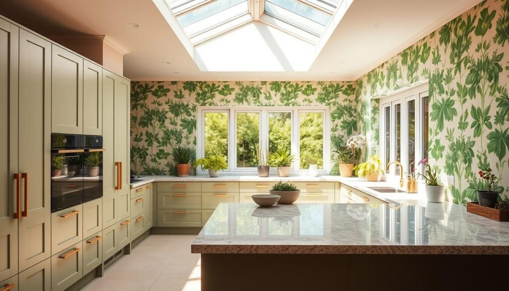 A sun-drenched kitchen, its walls adorned with verdant botanical wallpaper that seems to bring the outdoors in. Sleek, minimalist cabinets in a soothing sage green hue, their handles crafted from polished natural wood. A central island, its surface a striking slab of polished granite, serves as the heart of the space. Overhead, a large skylight bathes the room in warm, natural light, casting gentle shadows that dance across the surfaces. Potted plants and herbs line the windowsills, their vibrant foliage adding pops of color. The atmosphere is one of calm, serene harmony, a true reflection of the latest trends in green, nature-inspired kitchen design. A sun-drenched kitchen, its walls adorned with verdant botanical wallpaper that seems to bring the outdoors in. Sleek, minimalist cabinets in a soothing sage green hue, their handles crafted from polished natural wood. A central island, its surface a striking slab of polished granite, serves as the heart of the space. Overhead, a large skylight bathes the room in warm, natural light, casting gentle shadows that dance across the surfaces. Potted plants and herbs line the windowsills, their vibrant foliage adding pops of color. The atmosphere is one of calm, serene harmony, a true reflection of the latest trends in green, nature-inspired kitchen design.