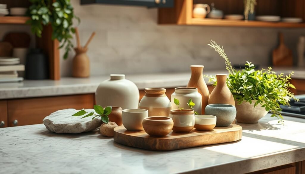 A sunlit organic kitchen countertop featuring an assortment of natural materials - smooth stone, polished wood, handcrafted ceramics, and lush greenery. The scene has a warm, earthy ambiance, with soft directional lighting casting gentle shadows and highlights across the surfaces. The arrangement is thoughtfully composed, with a balance of textures, shapes, and tones that evoke a sense of harmony and sustainability. The overall impression is one of a tranquil, nurturing space that seamlessly integrates the beauty of nature into the heart of the home. A sunlit organic kitchen countertop featuring an assortment of natural materials - smooth stone, polished wood, handcrafted ceramics, and lush greenery. The scene has a warm, earthy ambiance, with soft directional lighting casting gentle shadows and highlights across the surfaces. The arrangement is thoughtfully composed, with a balance of textures, shapes, and tones that evoke a sense of harmony and sustainability. The overall impression is one of a tranquil, nurturing space that seamlessly integrates the beauty of nature into the heart of the home.