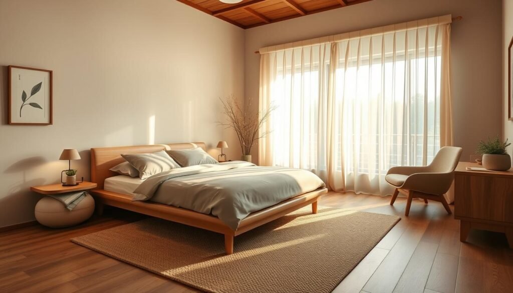 A tranquil and harmonious Japandi-inspired bedroom with a natural, earthy palette. Soft lighting filters through sheer curtains, casting a warm glow over the space. A low-profile bed with a minimal wood frame is adorned with plush, neutral bedding. Smooth, rounded wooden nightstands flank the bed, topped with simple lamps and a potted plant. In the corner, a cozy armchair sits atop a textured area rug. Minimalist wall art and a small wooden chest of drawers complete the serene and inviting atmosphere. The scene is captured with a wide-angle lens, emphasizing the balanced and calming design. A tranquil and harmonious Japandi-inspired bedroom with a natural, earthy palette. Soft lighting filters through sheer curtains, casting a warm glow over the space. A low-profile bed with a minimal wood frame is adorned with plush, neutral bedding. Smooth, rounded wooden nightstands flank the bed, topped with simple lamps and a potted plant. In the corner, a cozy armchair sits atop a textured area rug. Minimalist wall art and a small wooden chest of drawers complete the serene and inviting atmosphere. The scene is captured with a wide-angle lens, emphasizing the balanced and calming design.