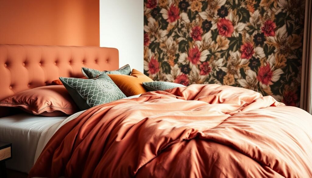 A warm, cozy bedroom with soft, inviting textures and layered patterns. The foreground features a plush, tufted headboard in a muted terracotta hue, accented by a collection of patterned throw pillows in complementary tones of ochre, sage, and dusty rose. In the middle ground, a sumptuously draped comforter in a sumptuous velvet fabric cascades over the bed, creating a sense of luxurious depth and dimension. The background showcases a feature wall adorned with a bold, botanical wallpaper in a layered, maximalist pattern, bathed in soft, diffused lighting that imbues the scene with a warm, inviting glow. The overall effect is one of cozy, sophisticated maximalism, where patterns, textures, and colors meld harmoniously to create a serene, enveloping atmosphere. A warm, cozy bedroom with soft, inviting textures and layered patterns. The foreground features a plush, tufted headboard in a muted terracotta hue, accented by a collection of patterned throw pillows in complementary tones of ochre, sage, and dusty rose. In the middle ground, a sumptuously draped comforter in a sumptuous velvet fabric cascades over the bed, creating a sense of luxurious depth and dimension. The background showcases a feature wall adorned with a bold, botanical wallpaper in a layered, maximalist pattern, bathed in soft, diffused lighting that imbues the scene with a warm, inviting glow. The overall effect is one of cozy, sophisticated maximalism, where patterns, textures, and colors meld harmoniously to create a serene, enveloping atmosphere.