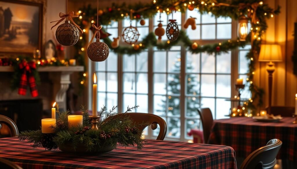 A warm, festive scene of DIY holiday projects by Ralph Lauren. In the foreground, a cozy table setting with plaid tablecloths, candles, and a centerpiece of pine, berries, and ribbon. In the middle ground, handcrafted ornaments and garlands hang from a mantel, casting a soft, golden glow. In the background, a large window overlooking a snowy landscape, with a Christmas tree visible through the panes. The lighting is natural and soft, creating a inviting, nostalgic atmosphere. The overall style is sophisticated, rustic, and true to the Ralph Lauren aesthetic. A warm, festive scene of DIY holiday projects by Ralph Lauren. In the foreground, a cozy table setting with plaid tablecloths, candles, and a centerpiece of pine, berries, and ribbon. In the middle ground, handcrafted ornaments and garlands hang from a mantel, casting a soft, golden glow. In the background, a large window overlooking a snowy landscape, with a Christmas tree visible through the panes. The lighting is natural and soft, creating a inviting, nostalgic atmosphere. The overall style is sophisticated, rustic, and true to the Ralph Lauren aesthetic.