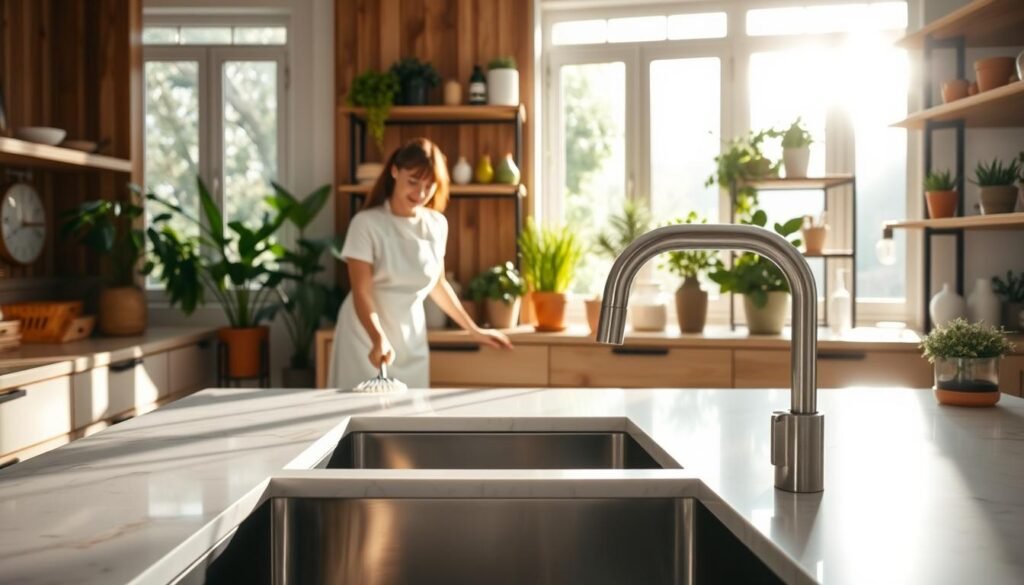 A well-lit, modern green kitchen with natural wood accents and lush potted plants. In the foreground, a person in a crisp white apron diligently wiping down the pristine marble countertops. Sunlight filters through large windows, casting a warm, inviting glow across the space. The middle ground showcases a sleek stainless steel sink, its surface sparkling clean. In the background, an array of organized shelves display an assortment of eco-friendly cleaning supplies and freshly harvested herbs. The overall atmosphere conveys a sense of tranquility, balance, and a deep connection to the natural world. A well-lit, modern green kitchen with natural wood accents and lush potted plants. In the foreground, a person in a crisp white apron diligently wiping down the pristine marble countertops. Sunlight filters through large windows, casting a warm, inviting glow across the space. The middle ground showcases a sleek stainless steel sink, its surface sparkling clean. In the background, an array of organized shelves display an assortment of eco-friendly cleaning supplies and freshly harvested herbs. The overall atmosphere conveys a sense of tranquility, balance, and a deep connection to the natural world.