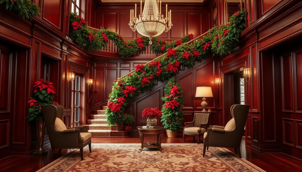 An elegant and festive entryway adorned with a grand staircase in the classic Ralph Lauren style. The warm, inviting space features rich, burgundy-colored walls complemented by polished wood accents and gleaming brass fixtures. Lush garlands of evergreen and crimson-hued poinsettias cascade down the staircase's ornate banister, their vibrant hues accentuated by the soft, ambient lighting from a grand, crystal chandelier overhead. In the foreground, a plush, patterned area rug grounds the scene, while a pair of high-backed, tufted chairs and a polished side table create a cozy, conversational vignette. The overall atmosphere evokes the elegant sophistication and festive spirit of a Ralph Lauren holiday celebration, captured with a cinematic, photorealistic quality. An elegant and festive entryway adorned with a grand staircase in the classic Ralph Lauren style. The warm, inviting space features rich, burgundy-colored walls complemented by polished wood accents and gleaming brass fixtures. Lush garlands of evergreen and crimson-hued poinsettias cascade down the staircase's ornate banister, their vibrant hues accentuated by the soft, ambient lighting from a grand, crystal chandelier overhead. In the foreground, a plush, patterned area rug grounds the scene, while a pair of high-backed, tufted chairs and a polished side table create a cozy, conversational vignette. The overall atmosphere evokes the elegant sophistication and festive spirit of a Ralph Lauren holiday celebration, captured with a cinematic, photorealistic quality.