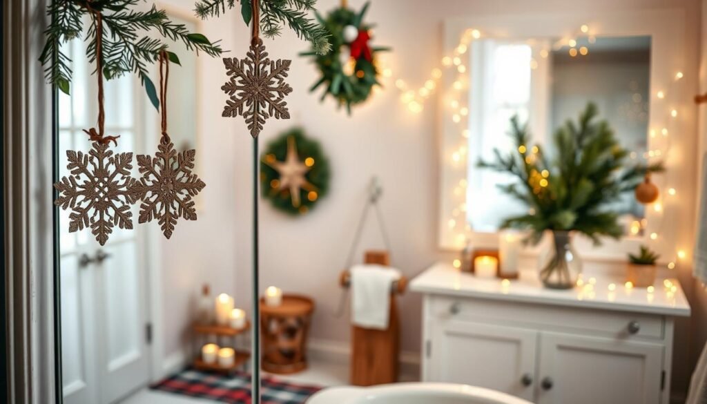 An elegant bathroom, festively adorned with homemade Christmas decorations. In the foreground, handcrafted wooden snowflake ornaments, sprigs of holly, and a rustic wreath hang from the mirror frame. The middle ground features a cozy bath mat in a festive plaid pattern and a cluster of tealight candles. In the background, the vanity is accented with a string of twinkling fairy lights and a vase filled with evergreen branches. Soft, warm lighting illuminates the space, creating a cozy, inviting atmosphere perfect for the holiday season. Photorealistic, high-quality image.