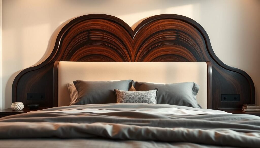 An elegant statement headboard with graceful, feminine curves dominates the serene, softly lit bedroom. The headboard is crafted from dark, richly-grained wood, its undulating form accentuated by the warm, diffused lighting that casts gentle shadows along its contours. Plush bedding in muted tones of grey and ivory complements the headboard, creating a harmonious and sophisticated ambiance. The scene is captured from a low angle, emphasizing the headboard's sculptural presence and inviting the viewer to experience the tranquil, luxurious atmosphere of the space. An elegant statement headboard with graceful, feminine curves dominates the serene, softly lit bedroom. The headboard is crafted from dark, richly-grained wood, its undulating form accentuated by the warm, diffused lighting that casts gentle shadows along its contours. Plush bedding in muted tones of grey and ivory complements the headboard, creating a harmonious and sophisticated ambiance. The scene is captured from a low angle, emphasizing the headboard's sculptural presence and inviting the viewer to experience the tranquil, luxurious atmosphere of the space.