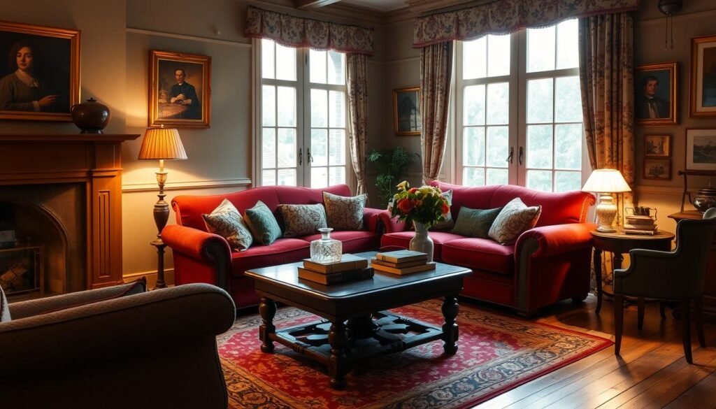 Cozy vintage living room, bathed in warm, soft lighting from a brass floor lamp and fireplace glow. Plush velvet sofa and armchair in rich burgundy and olive hues, adorned with patterned throw pillows. Antique side table and coffee table topped with crystal decanter, leather-bound books, and a vase of freshly cut flowers. Hardwood floors covered by an ornate Persian rug. Wall-mounted art pieces in gilt frames. Large windows letting in natural light, drapes in a complementary floral pattern. Hints of brass accents throughout, creating a timeless, lived-in ambiance. Cozy vintage living room, bathed in warm, soft lighting from a brass floor lamp and fireplace glow. Plush velvet sofa and armchair in rich burgundy and olive hues, adorned with patterned throw pillows. Antique side table and coffee table topped with crystal decanter, leather-bound books, and a vase of freshly cut flowers. Hardwood floors covered by an ornate Persian rug. Wall-mounted art pieces in gilt frames. Large windows letting in natural light, drapes in a complementary floral pattern. Hints of brass accents throughout, creating a timeless, lived-in ambiance.