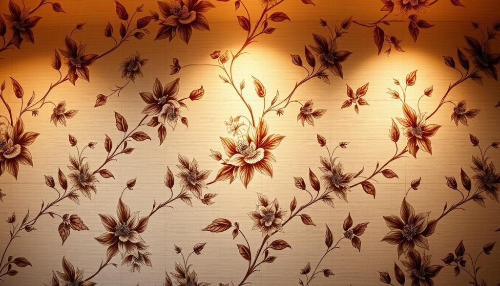 Elegant wallpaper with a luxurious floral pattern, illuminated by warm, diffused lighting that casts a soft, inviting glow. Meticulously detailed petals and leaves in a range of muted, sophisticated hues against a subtly textured background. The wallpaper wraps the room in an atmosphere of refined sophistication, elevating the space with its timeless allure. Captured with a high-resolution, wide-angle lens to showcase the wallpaper's grand scale and seamless integration into the overall scene. A serene, harmonious composition that exudes a sense of opulence and timeless elegance. Elegant wallpaper with a luxurious floral pattern, illuminated by warm, diffused lighting that casts a soft, inviting glow. Meticulously detailed petals and leaves in a range of muted, sophisticated hues against a subtly textured background. The wallpaper wraps the room in an atmosphere of refined sophistication, elevating the space with its timeless allure. Captured with a high-resolution, wide-angle lens to showcase the wallpaper's grand scale and seamless integration into the overall scene. A serene, harmonious composition that exudes a sense of opulence and timeless elegance.