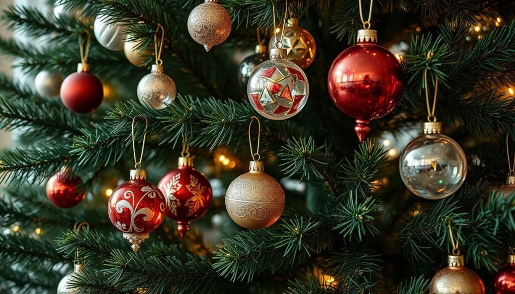 Heirloom glass ornaments adorn a majestic evergreen tree, its lush foliage and delicate branches illuminated by soft, warm lighting. The ornaments, in a variety of intricate designs and vibrant colors, catch the light, creating a shimmering, ethereal display. The scene is captured in a high-quality, hyperrealistic photographic style, with a shallow depth of field that focuses the viewer's attention on the captivating details of the ornaments. The overall mood is one of nostalgic wonder, evoking the timeless charm of a cherished family tradition. Heirloom glass ornaments adorn a majestic evergreen tree, its lush foliage and delicate branches illuminated by soft, warm lighting. The ornaments, in a variety of intricate designs and vibrant colors, catch the light, creating a shimmering, ethereal display. The scene is captured in a high-quality, hyperrealistic photographic style, with a shallow depth of field that focuses the viewer's attention on the captivating details of the ornaments. The overall mood is one of nostalgic wonder, evoking the timeless charm of a cherished family tradition.